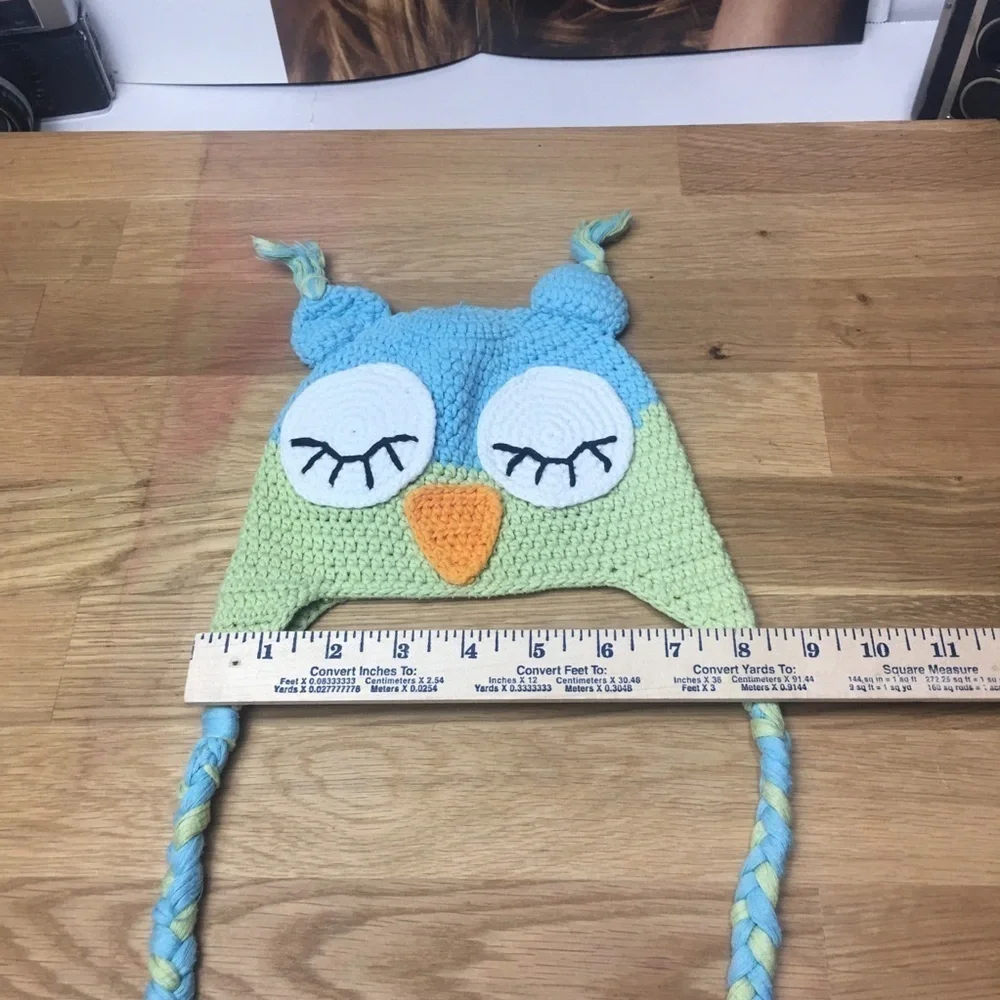 Handmade Kids Crochet Sleepy Owl Earflap Hat Blue Green Braided Tassels
